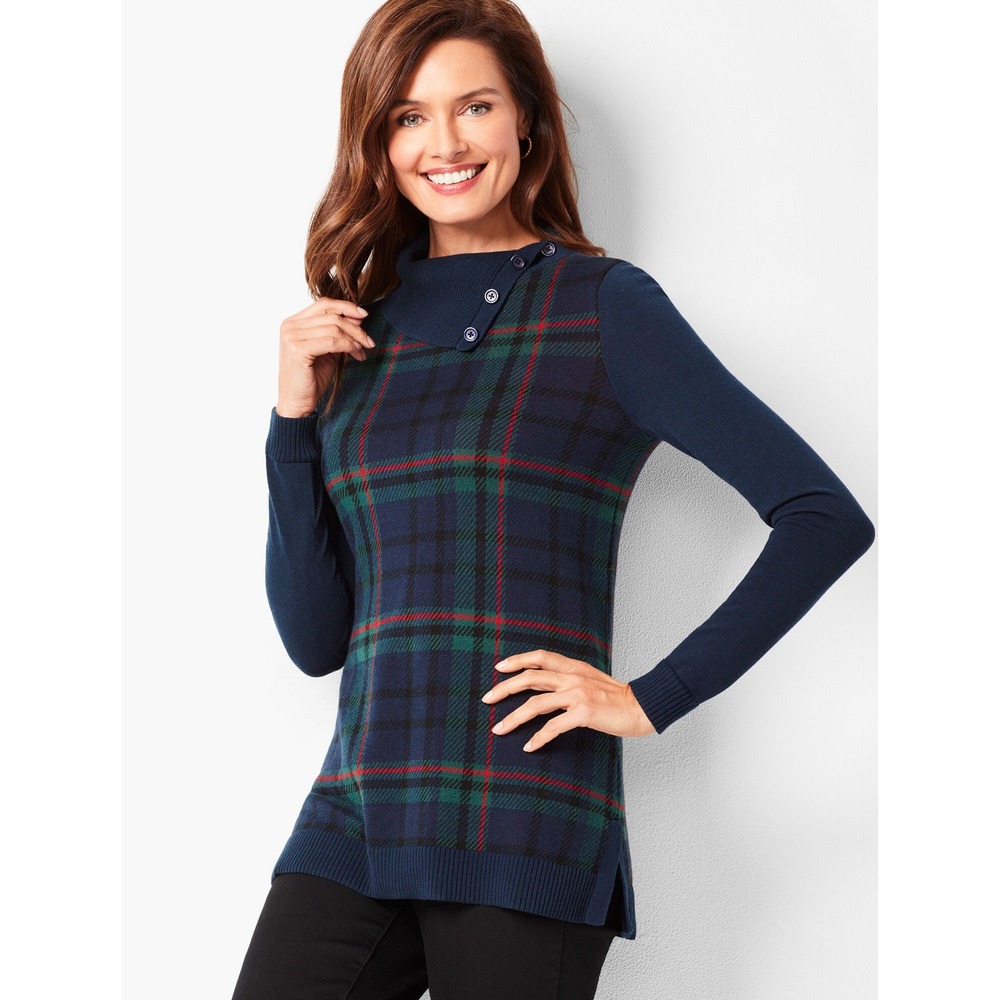 Talbots Split Button Cowl Neck Tunic Sweater Women 2X Blue Tartan Plaid Preppy